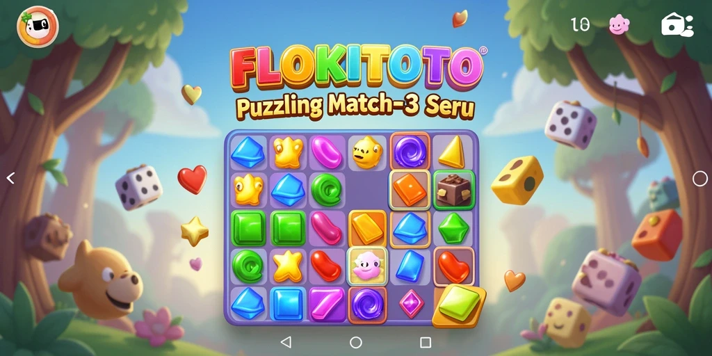 Screenshot permainan FLOKITOTO yang menunjukkan keseruan gameplay Match-3.