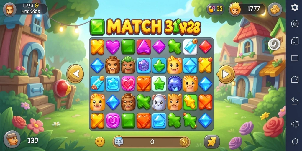 Screenshot utama L777 menunjukkan gameplay Match-3 yang menarik dan berwarna.