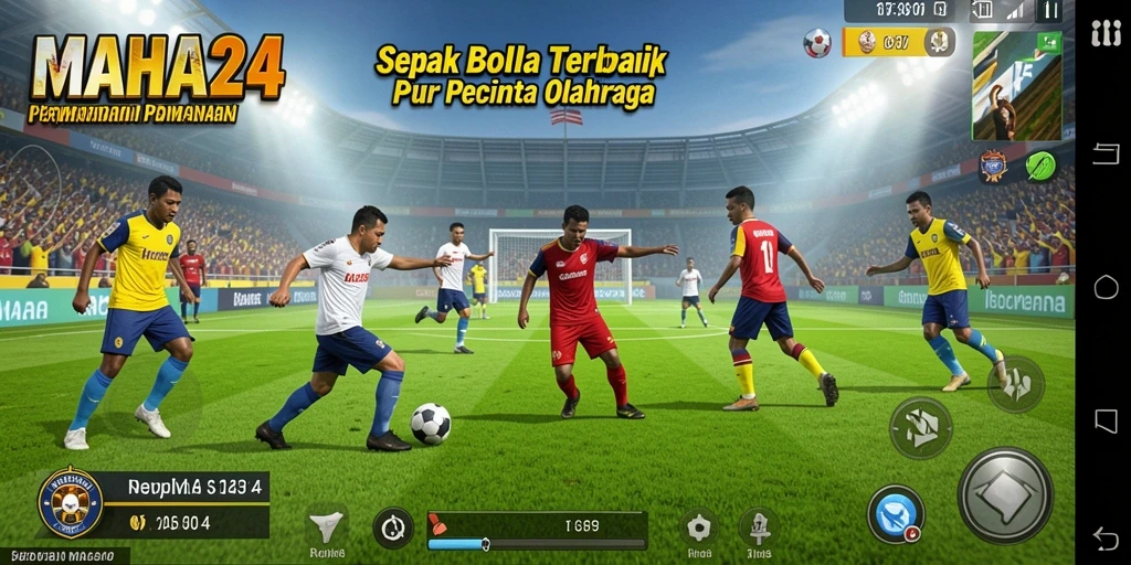 Tampilan gameplay MAHA24 dengan grafis fantastis dan aksi sepak bola yang intens.